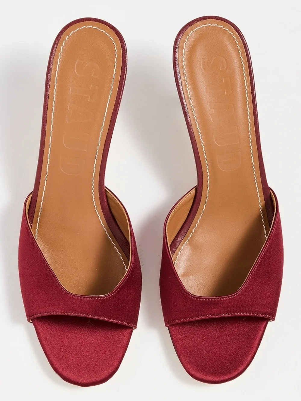 STAUD Brigitte Satin Mules in Burgundy